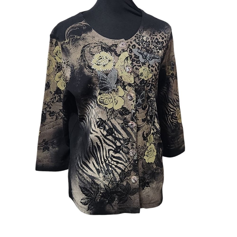 Cactus Floral Shirt Womens Large Button Front Top Rhinestone Brown Black Green